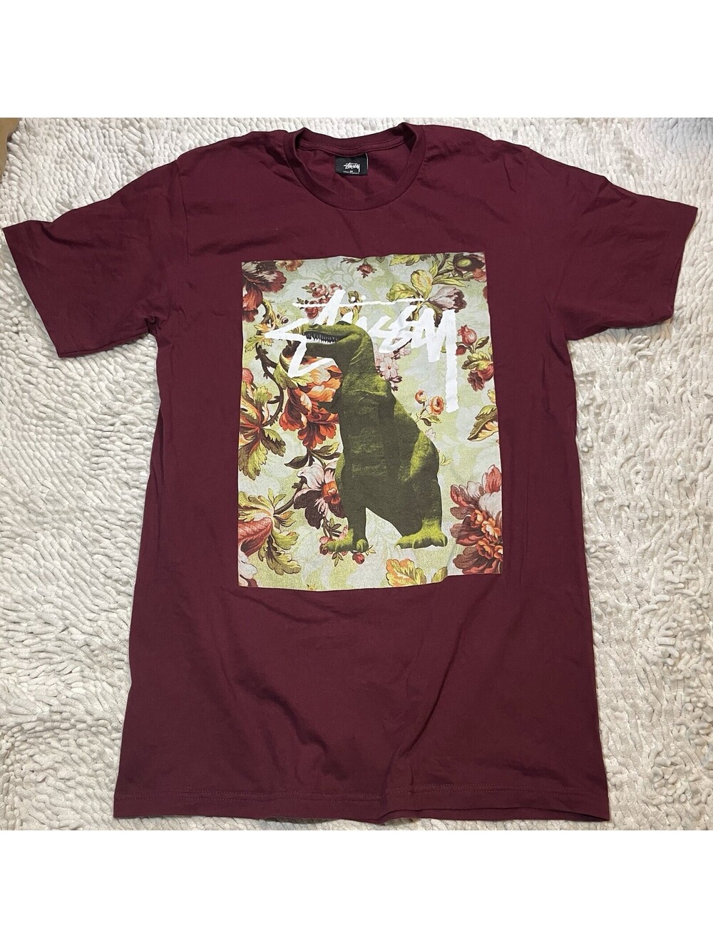 Stussy T-Rex Floral Graphic Dino T-Shirt Size Medium Red Y2K Shirt Grunge